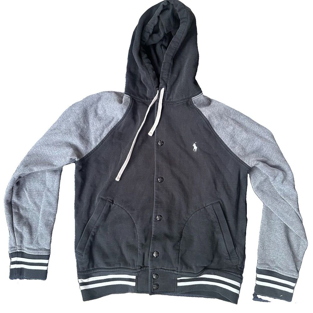 Polo Ralph Lauren Men’s Small Black Gray Hooded Varsity Snap Jacket Pony